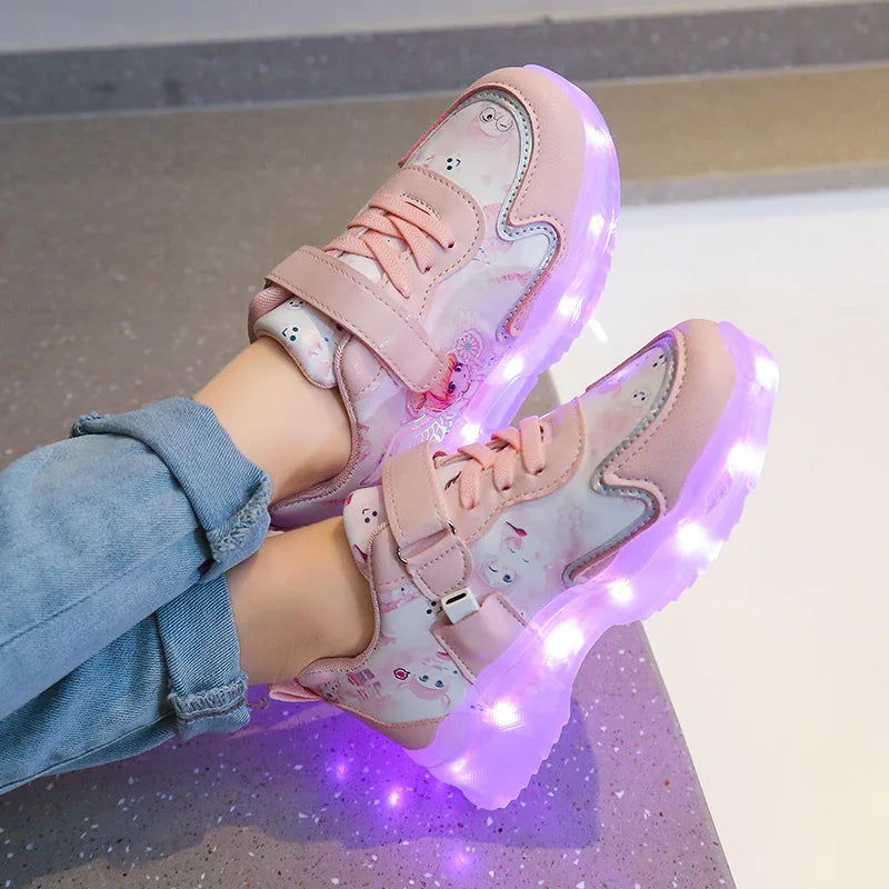 Disney Children's Casual Shoes LED Rechargeable Luminescent Shoes  Cartoon Princess Elsa Girls Pink Sports Sneakers Size 26-35.