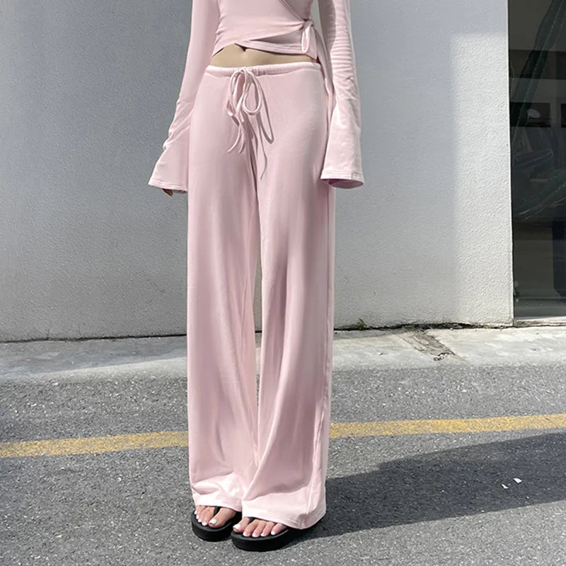 Apprabant Casual Fashion Drawstring High Waist Trousers Set Lace Up Flared Sleeve V Neck Twist Tops Plush Loose Pants Suit