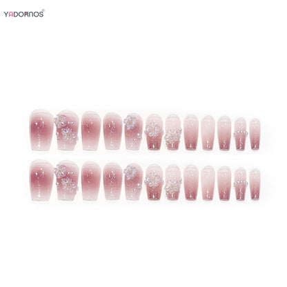 24Pcs Mid-Length Fake Nails 3D Flower Pearl Designs Nude Pink Color Press on Nails Ballerina False Nails for Women DIY Manicure.