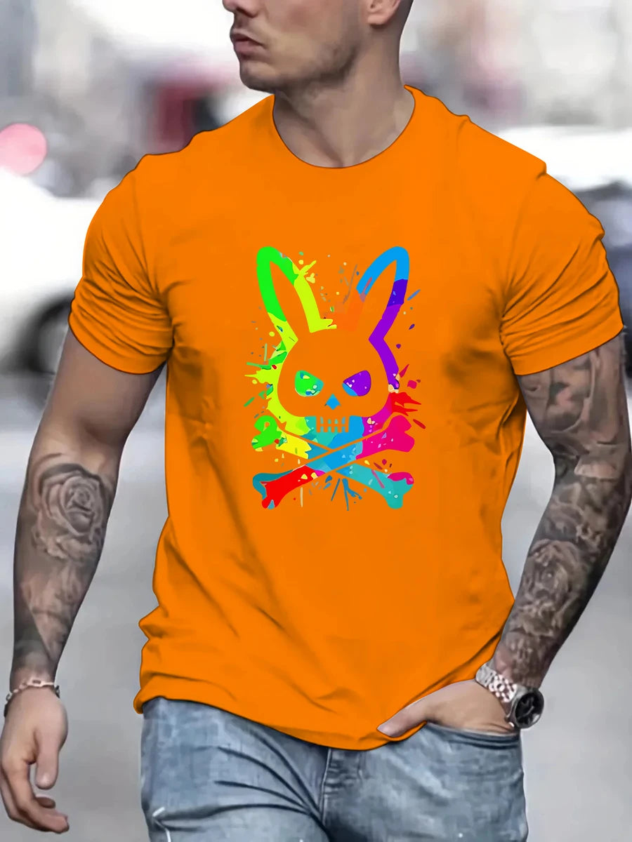 Men's summer 100% pure cotton fashionable casual loose color skull and rabbit print sports round neck short sleeved T-shirt top.
