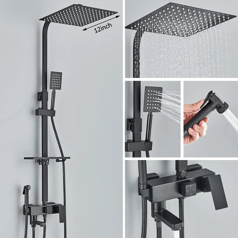 Black Chrome 3/4-way Shower Faucet Rainfall Shower Hot Cold Water Mixer Bidet Faucet Commodity Shelf For Bathroom Shower Mixer