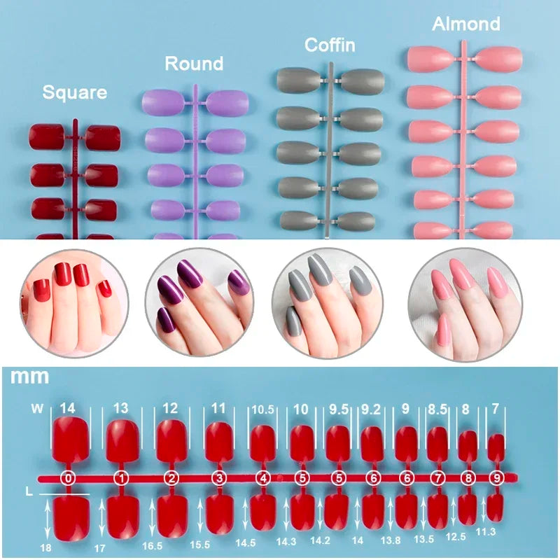 10 Sets/Pack Mixed Solid Colors Coffin Round Square Almond Shape False Nails Full Cover Nail Tips Short Fake Nails Tip Manicure.