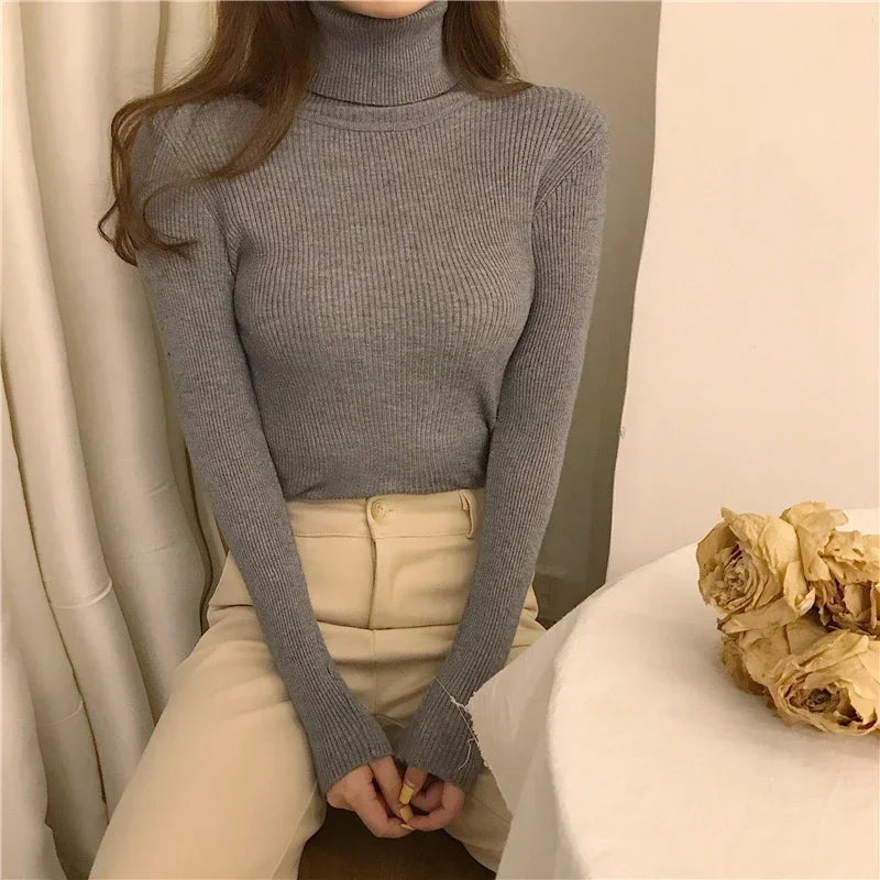 Frauen einfarbig lange Ärmel Roll kragen pullover Strick pullover grundlegende weiche Pullover einfache elegante Mode neu