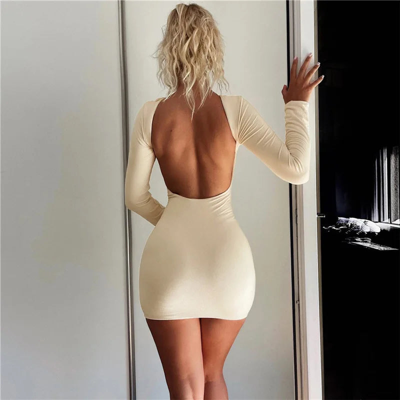 Zahlung Casual Mini Kleid Frauen Prägnante Klassische Backless Volle Hülse O-ansatz Grundlegende Weibliche Bodycon Straße Kleidung.