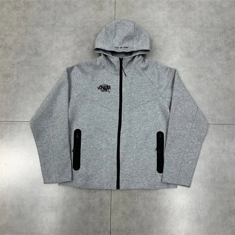 Casual Embroidered Fleece Lined Open Cardigan Hooded Zipper Pants Set for Men And Women Color Block Design by Syna.