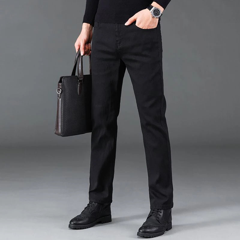 Men Business Denim Pants Male Classic Casual Straight Leg Slim Fit Trousers Elastic Solid Smoke Gray Pants.