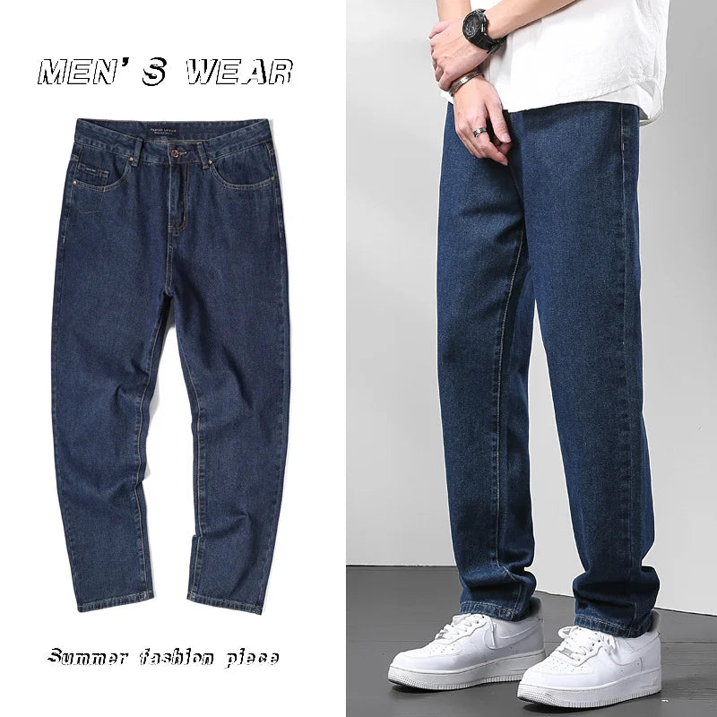 Light Blue American Retro Jeans Men Soft Loose Straight Cylinder High Street Workwear Casual Loose Legs Pants.