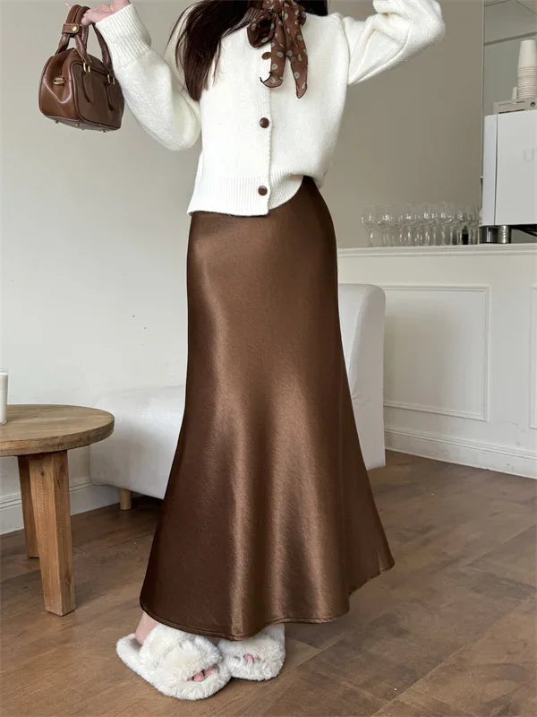 High Waist Women's Fleece-Lined Thickened Elegant Long Skirt Satin Mermaid Skirt Elegant Drapey Bodycon Skirt For Autumn Winter
