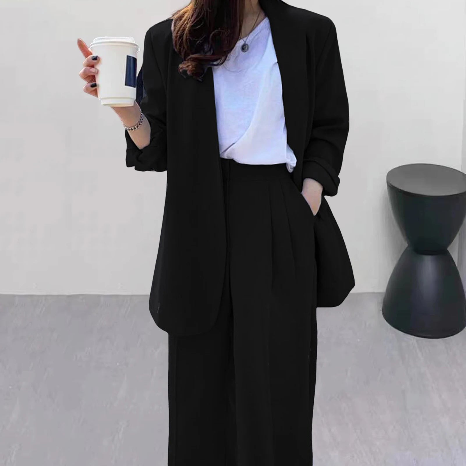 Wide Leg Suit Pants Set Elegant Women Business Suit Set Cardigan Jacket High Waist for Professional Lady Formal Coat Pants Set.