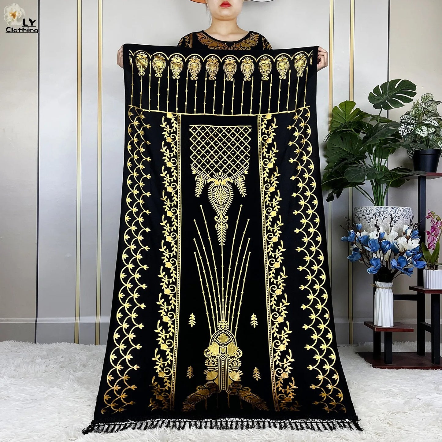 2023 New Muslim Summer Short Sleeve Robe Gold Stamping Boubou Maxi Women Femme Loose Dress With Big Scarf African Abaya Clothes.