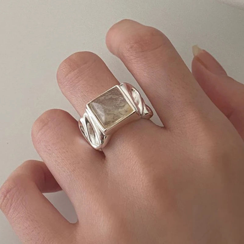 PANJBJ 925 Sterling Silver Geometry Crystal Ring For Women Ellipse Exaggerated Punk Water Drop Open Jewelry Gift Dropshipping