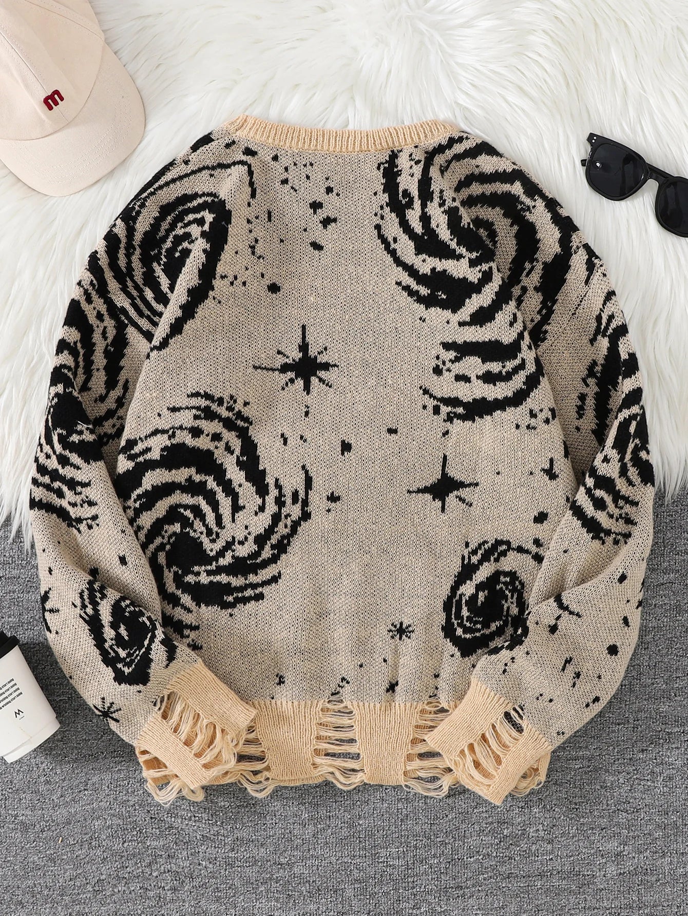New Popular Street Ripped Abstract Starry Sky Pattern Pullover Ripped Sweater Casual Round Neck Knitted Men's Pullover.