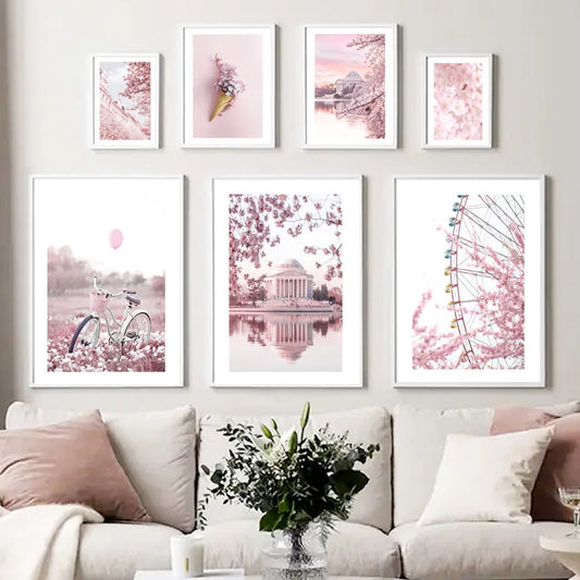 Pink Cherry Blossom Tulip Bicycle Flower Nordic Posters Ferris Wheel Wall Art Print Canvas Painting Living Room Home Decoration.