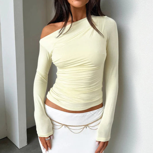 Spring Summer Fold One Shoulder Tshirt Women 2025 Streetwear Long Sleeve Crop Tops Woman Summer Thin Long Sleeve Tee Shirt Mujer.