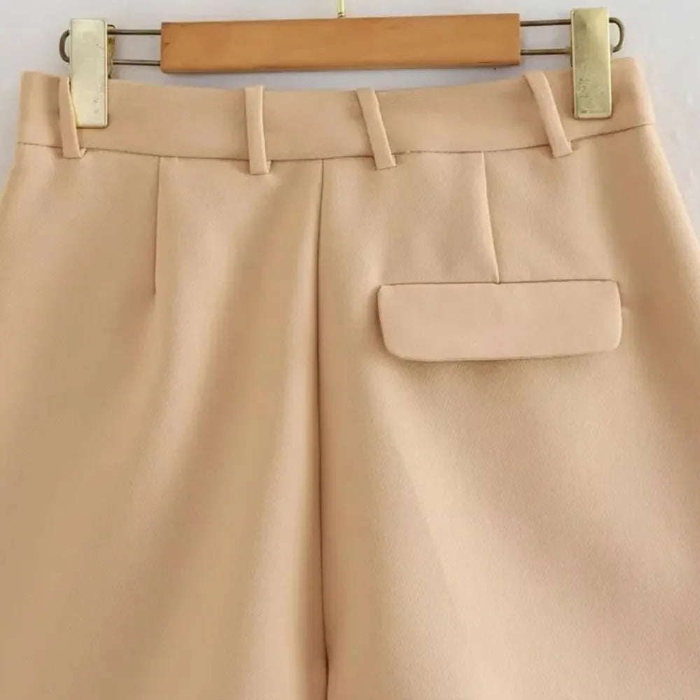 Mooyufon Women Fashion Side Pockets Front Darts Bermuda Shorts Vintage High Waist Zipper Fly Female Short Pants Mujer.