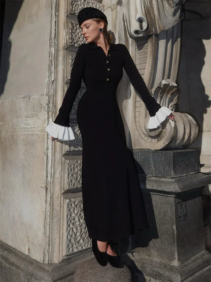 Tossy Weibliche Rüschen Strickwaren Langes Kleid Mode Patchwork Schlank Kontrast Revers Casual Party Kleid Kleid frauen Stricken Maxi Kleid.