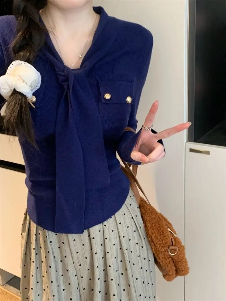 Frauen Frühling Herbst Einfachheit Büro Dame V-ausschnitt Einfarbig Langarm Strickwaren Damen Mode Alle-spiel Temperament Tops.