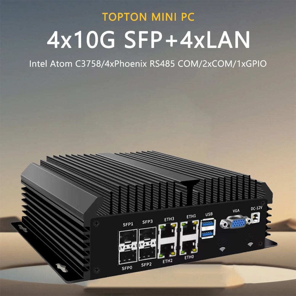 Fanless Mini Industrial PC Desktop Computer Atom C3758 4x10G SFP+ 4*LANs 4x Phoenix RS485 COM 2xDB9 RS232/485 COM Auto Power On.