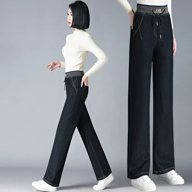 Women Elastic High Waist Straight Jeans Winter Warm Thicken Baggy Velvet Lined Wide Leg Denim Pants Korean Casual Vaqueros New.