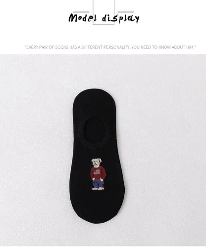5 Pairs of Super Cute Bear Embroidered Cartoon Bear Boat Socks, Soft and Comfortable, Sweat Wicking and Versatile Short Socks.