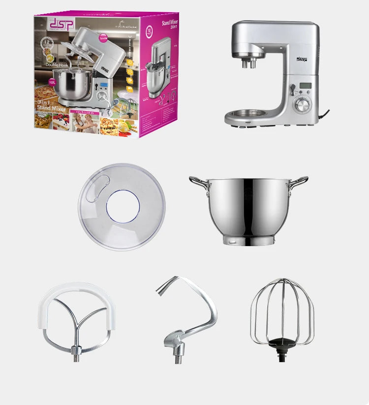 Houselin Stand Mixer, 10L Brush Stainless Steel Bowl, Suitable for Most Home Cooks, Silver Grey.