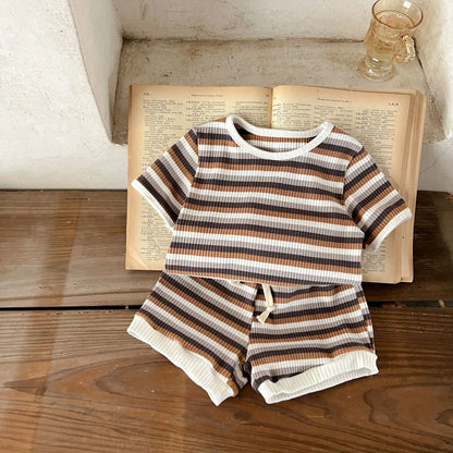 Korean Version Summer Kids Baby Girls Boys Short Sleeve Striped Top Tees +shorts Pants Infant Cute Pure Cotton Clothing Set.