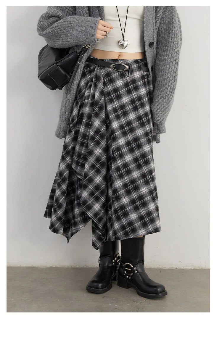 CHIC VEN Women Skirts A Line Retro Loose High Waist Irregular Color Plaid Frosted Half Body Long Ladies Skirt Winter 2025