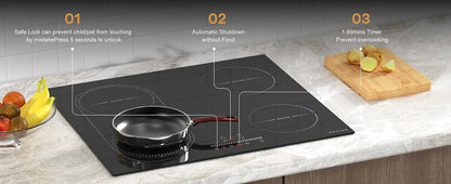 NOXTON White/Black Induction Hob Plug in, (UK:2800W/EU:3500W) 4 Zones with 1 Grill Zone, 60CM Touch, Safety Lock,Ceramic Glass.