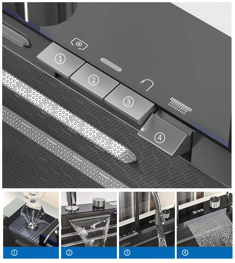 YCRAYS White Nano Kitchen Sink Large Single Slot Waterfall Integrated Digital Display Faucet Soap Dispenser Cup Washer Pure Tap