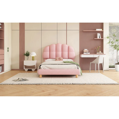 Modernes 90x200cm Einzelbett, Kinderbett, Jugendbett, Polsterbett, Holzgittergrill, Fleeceimitation, Weiß und Rosa