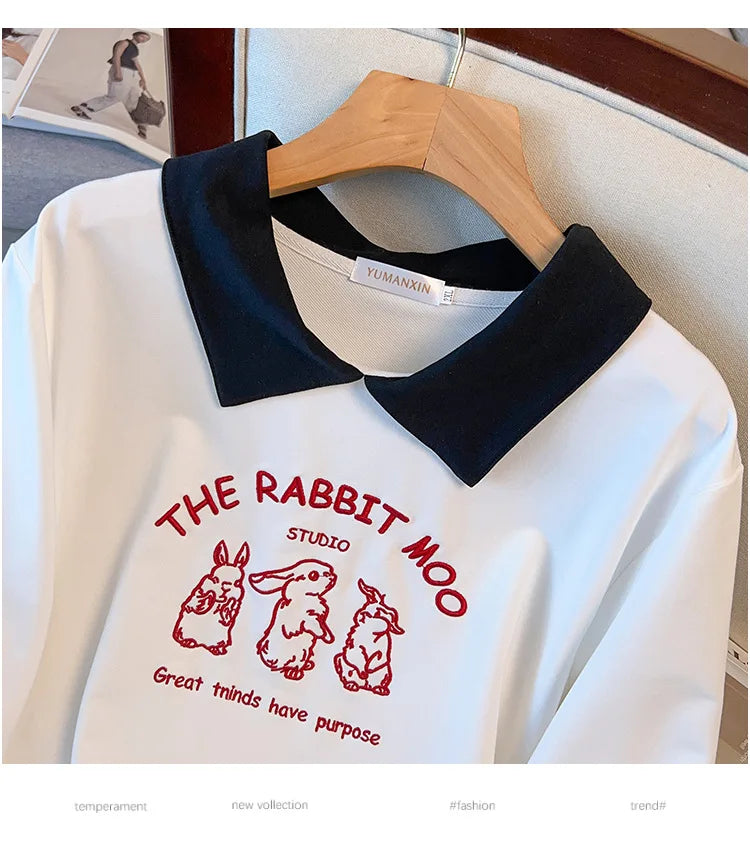 175kg plus size Damen büste Frühling Herbst loser Polo kragen Kaninchen besticktes Sweatshirt schwarz weiß 5xl 6xl 7xl 8xl 9xl.