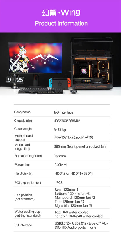 X-GAMERX HUANYI WING MATX Seaview room Case Vertical Desktop Computer 360 Water-cooled Chassis TYPE-C Interface With Screen