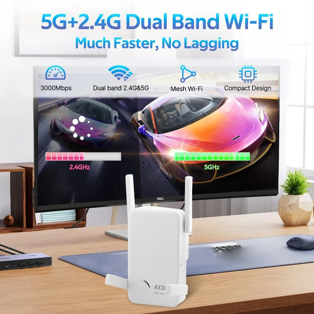 WIFI6 AX3000 Gigabit Wireless Repeater Router Dual Band 2.4/5Ghz Signal Booster 4 High-gain Antenna Long Range Amplifer for Home.