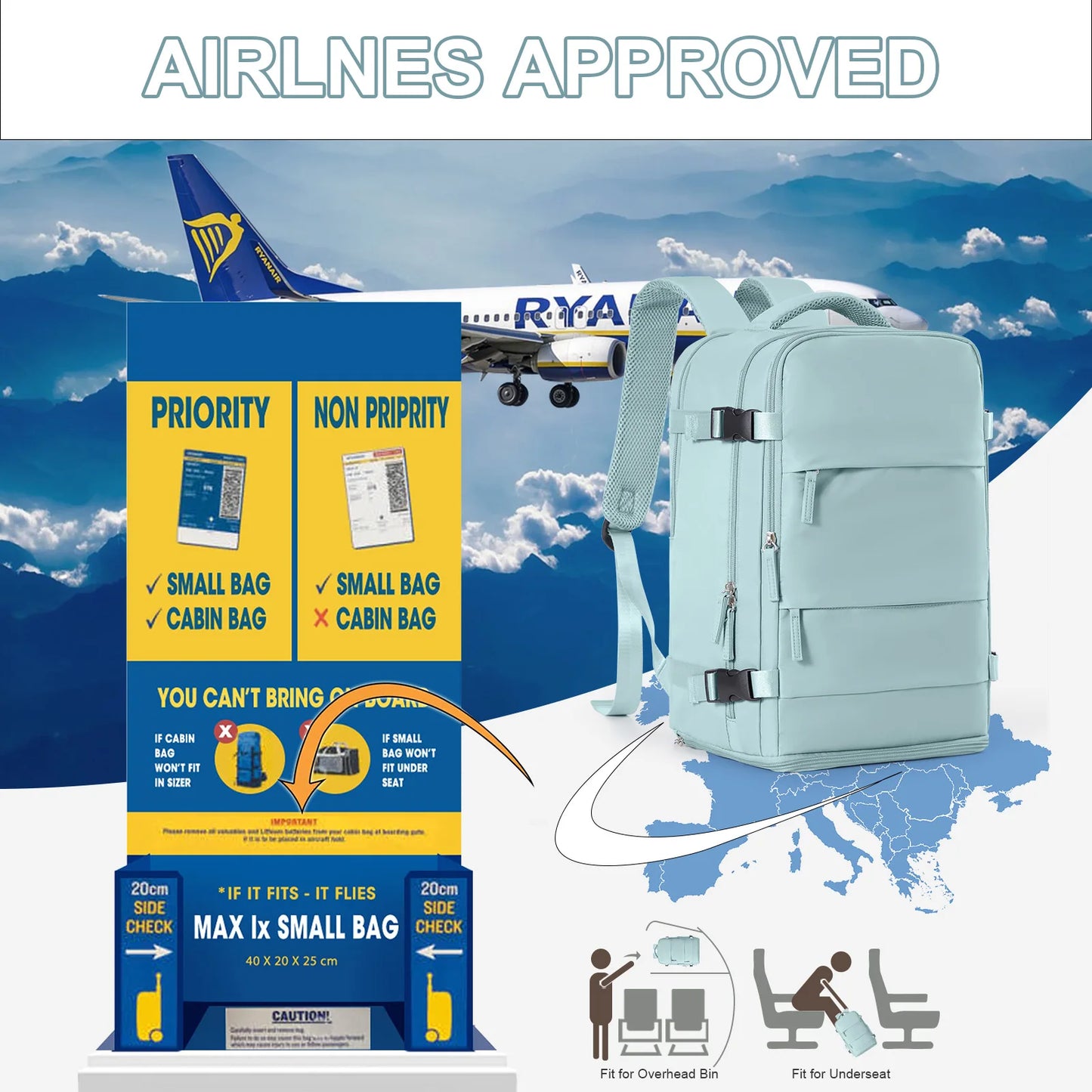 Women Men Hand Luggage Backpack Business College Laptop Travel Backpack Waterproof Carry on mochila viaje cabina avion 40x20x25.