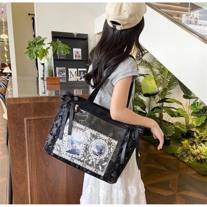 New Versatile Fashion Ribbon Itabag Large Capacity Green Large Food Anime Millet Bag Daily One Shoulder Tote Bag.