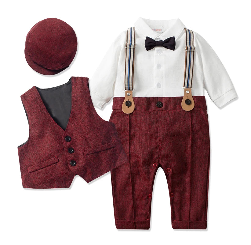 Newborn Boy Formal Clothes Set Infant Boy Gentleman Birthday Romper Outfit With Hat Vest Long Sleeve Infant Jumpsuit Suit Formal.