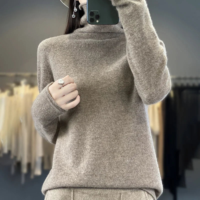 2025 100% Merino Wool Sweater Elegant Cashmere Pullover Women Pile Collar Long Sleeve Knitwear Basic Clothing  Jumper Tops