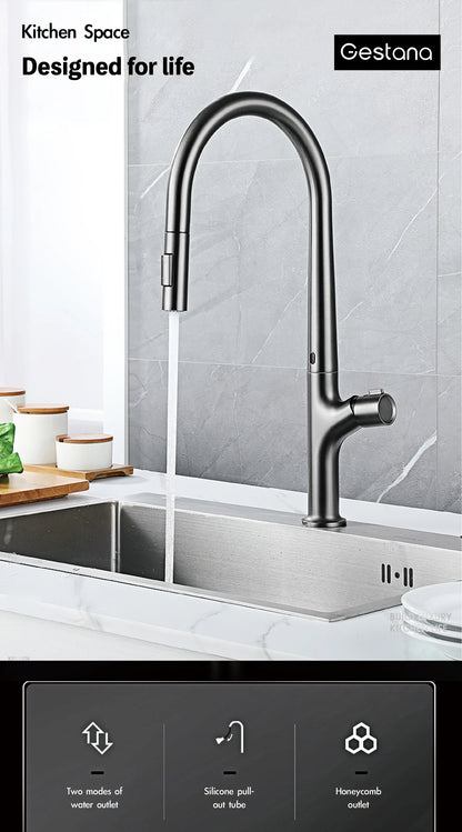 Modern style gun gray pull-out kitchen faucet with 1 handle for hot&cold water intelligent sensing and 2 functions for sink Tap