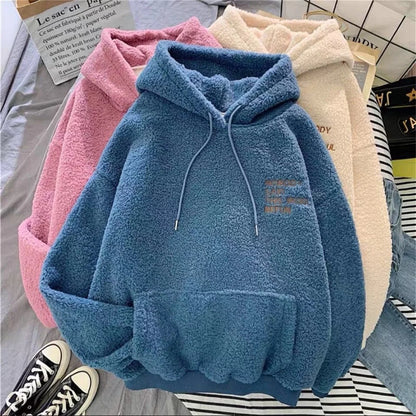 Autumn Winter Fashion Hooded Sweatshirt Women Korean Loose Solid Letter Tops Long Sleeve Warm Outfit Hoodie Lady Casual Street.