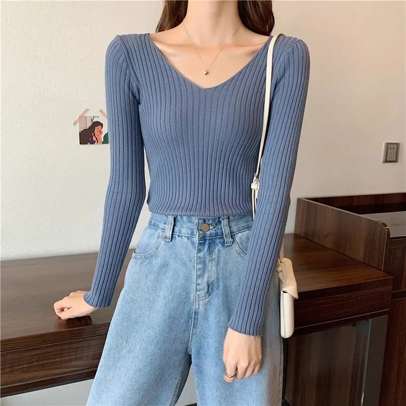 2025 einfarbig Schlank Pullover Koreanische Herbst Winter V-ausschnitt Pullover Mode Lässig Langarm Gestrickte Pullover Frauen Kleidung