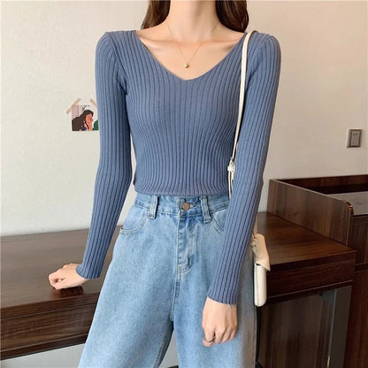 2025 einfarbig Schlank Pullover Koreanische Herbst Winter V-ausschnitt Pullover Mode Lässig Langarm Gestrickte Pullover Frauen Kleidung