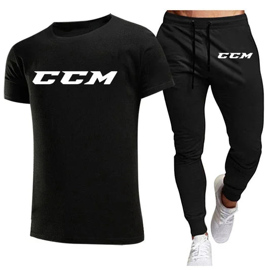 CCM New Men's Tracksuits summer men's sets fitness wear short-sleeved T-shirts+trousers set cotton brand Men's clothing.