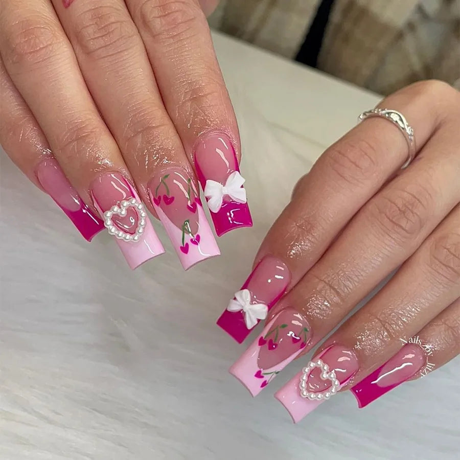 24Pcs Ballet Square Pink Press on Bow Nails 3D Flower with Bandage Design French Nail Tips for Women&Girls Daily,Spring wear
