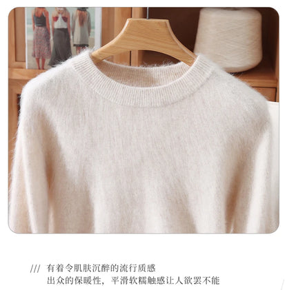Women's Round-neck Mink Cashmere Sweater Soft Pullover Jumper Comfortable Knitted Top for Autumn Winter Pure Mink Material.