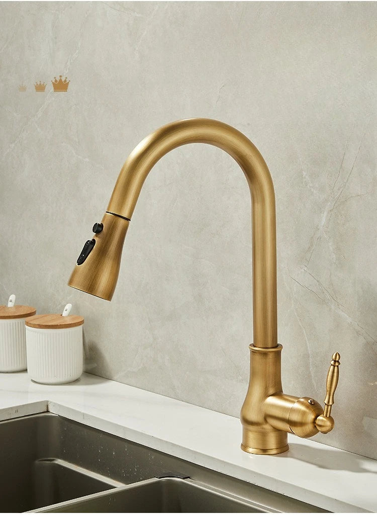 Antique Brass Kitchen Faucet Pull Out Spout Kitchen Faucets Black Single Hole Swivel Hot Cold Water Kitchen Mixers Taps