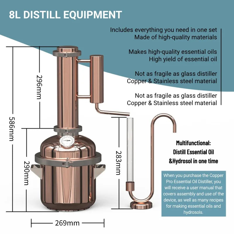 HOOLOO 8L Copper Distiller Essential Oil Hydrosol Still Home Distiller Direct Fire Hea Equipment DIY from Herbs Plants & Flowers.