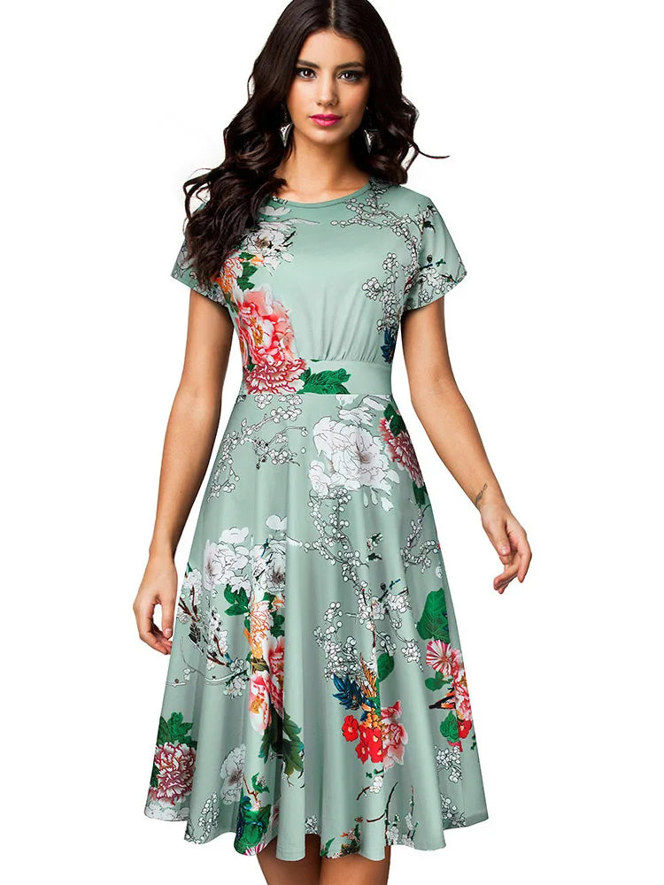 Nice-forever Vintage Elegante Blumen Druck Plissee Rundhals vestidos A-Line Pinup Business Party Frauen Flare Swing Kleid A102.