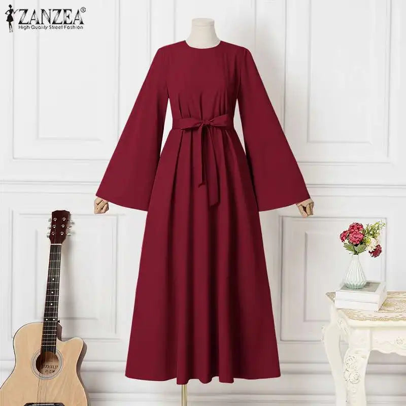 Frauen Lerisure Muslimischen Lange Kleid Übergroßen Vestidos ZANZEA 2023 Sommer Frühling Flare Ärmeln Soild Weibliche Türkische Robe Abaya