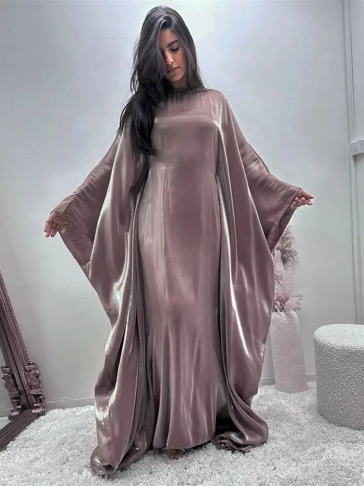 Ramadan Summer Batwing Sleeve Satin Butterfly Abaya Islam Muslim Maxi Dress Kebaya Women Kaftan Robe Musulmane Femme Vestidos.