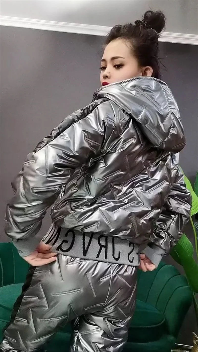 Mode Winter Glänzend Parkas Frauen Anzug Übergroßen Zwei Stück Set Casual Mit Kapuze Baumwolle Gepolsterte Kurzen Mantel + Verdicken Warme Hose Sets.